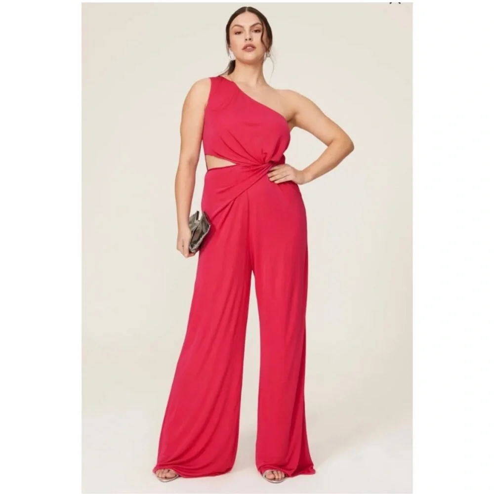 Halston Randi Jersey Twist Jumpsuit Wide Leg Sz 16 Pink Formal‎ Cocktail Wedding